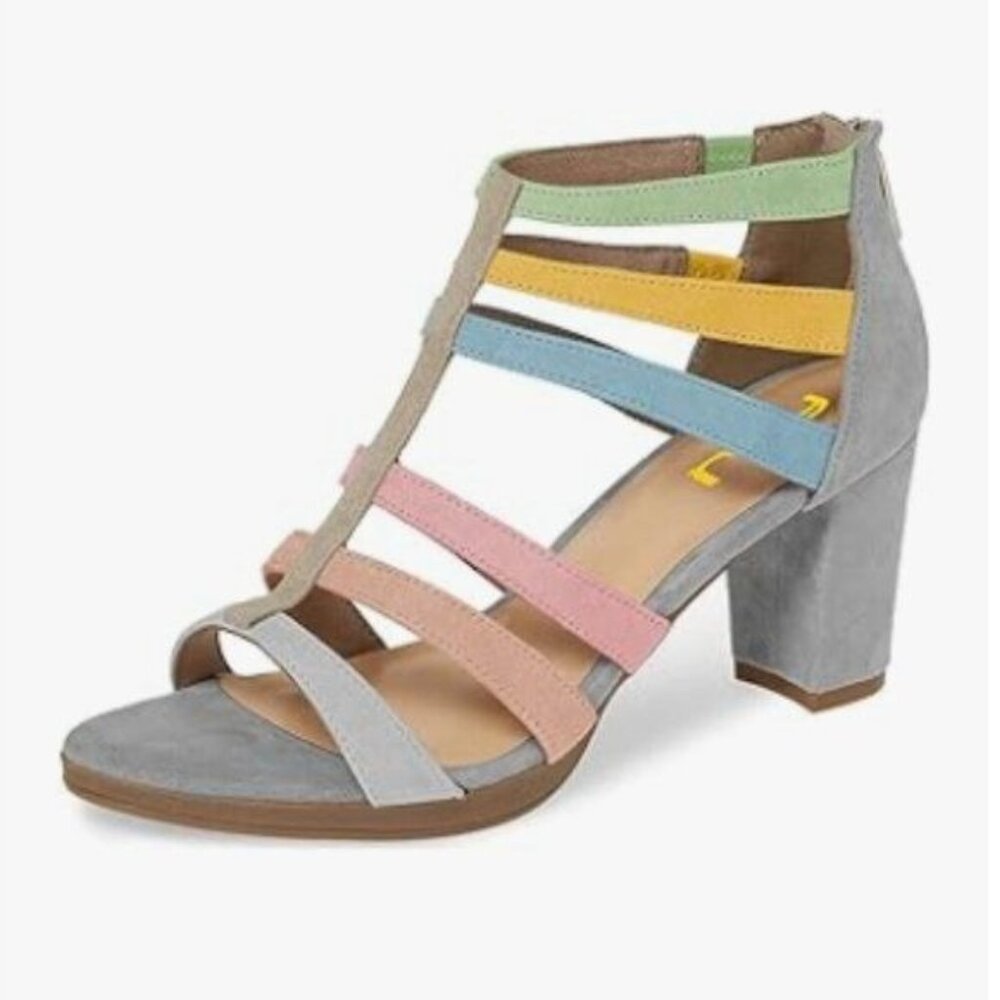FSJ Multi Grey Chunky High Heel Sandals Open Toe T-Strap Cutout Dress Party Shoe